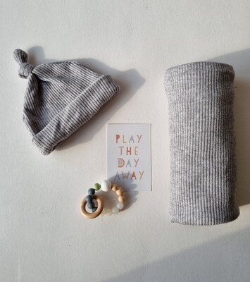 Grey Ribbed Baby Blanket and Beanie Set