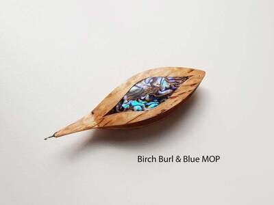 Tatting Shuttle With Hook Birch Burl Blue Mother-of-Pearl Inlay