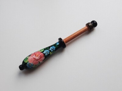 French Lacemaking Bobbins Made of Beech Hand Painted PINK ROSES ON BLACK