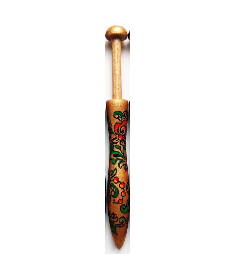 Ergonomical Wooden Lacemaking Bobbin Made in Beech Hand Painted Khokhloma on Gold