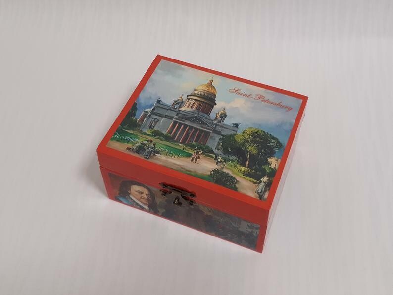 Wooden Rectangular Tatting Shuttles Storage Box Container With Lock Decorated in Russian Style Saint-Petersburg