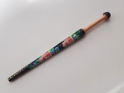 Thin Narrowed Wooden Lacemaking Bobbin Made of Beech Hand Painted PINK ROSES ON BLACK