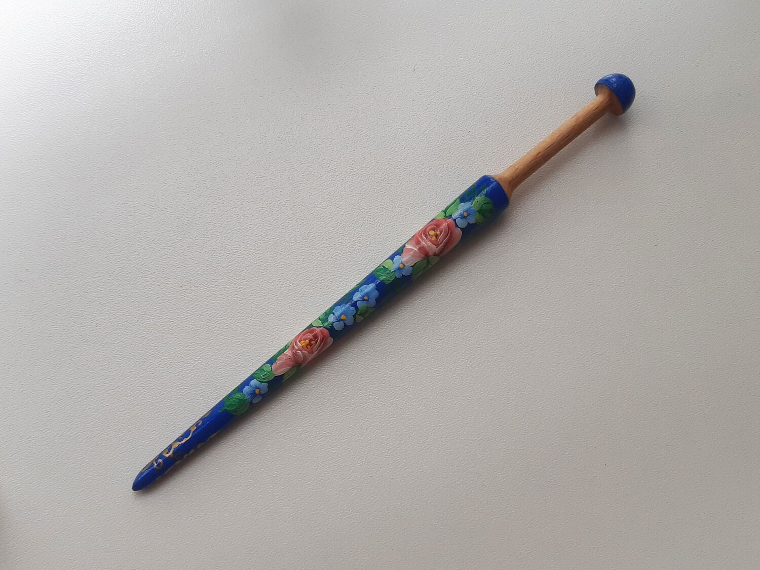 Thin Narrowed Wooden Lacemaking Bobbin Made of Beech Hand Painted BLUE