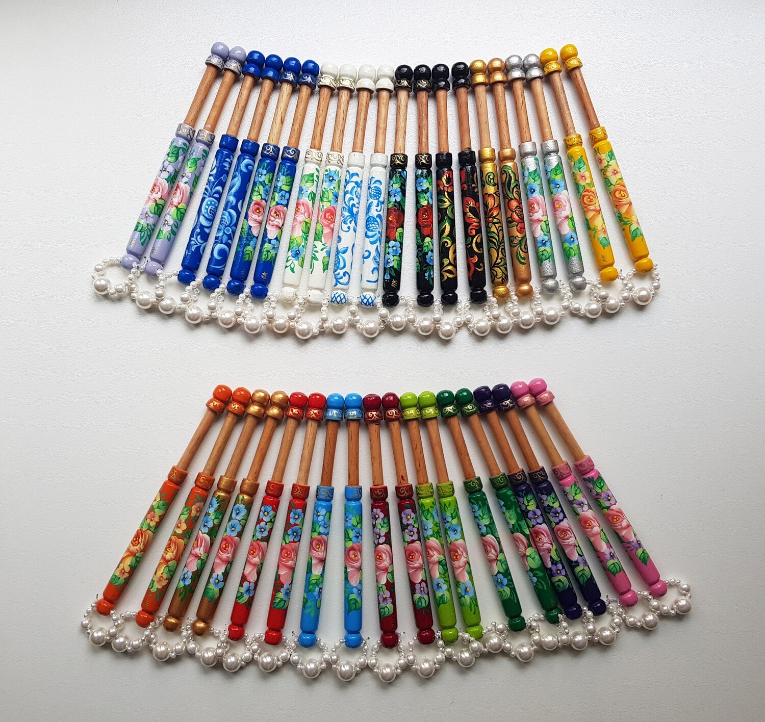 A Set of 38 Spangled Lacemaking Bobbins With Beads Made of Beech Hand Painted