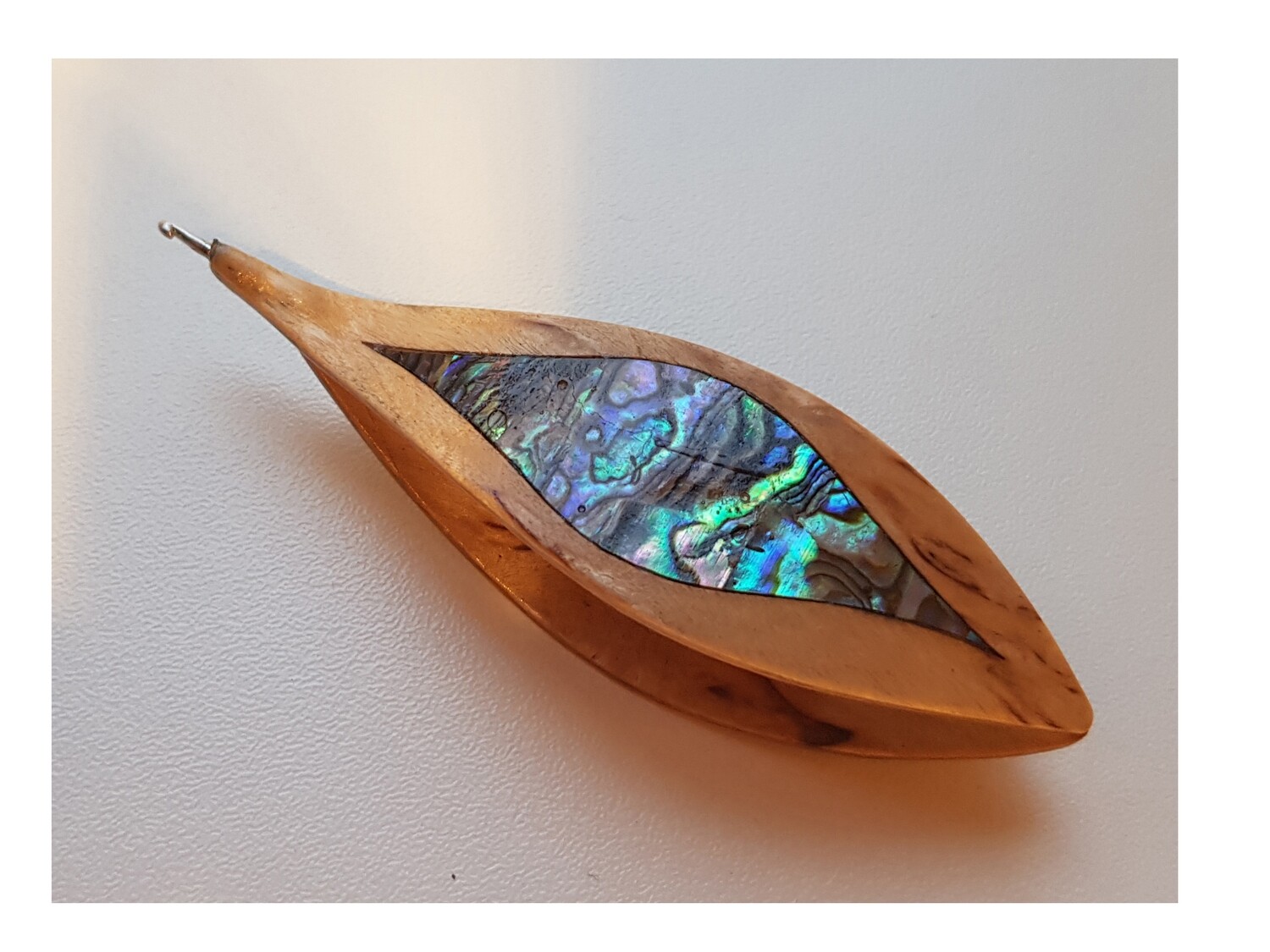 Tatting Shuttle With Hook Birch Burl Blue Mother-of-Pearl Inlay