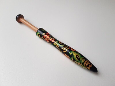 Ergonomical Wooden Lacemaking Bobbin Made in Beech Hand Painted Khokhloma on Black