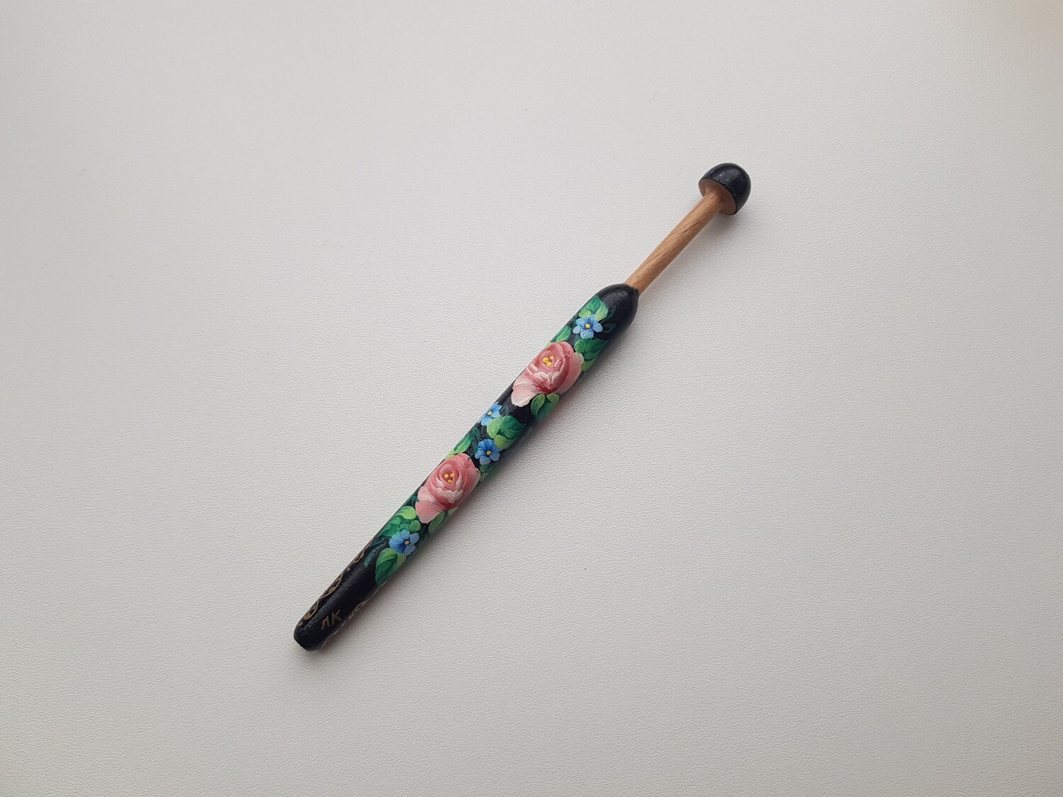 Straight Lacemaking Bobbin Beech Hand Made Painted BLACK AND PINK ROSES