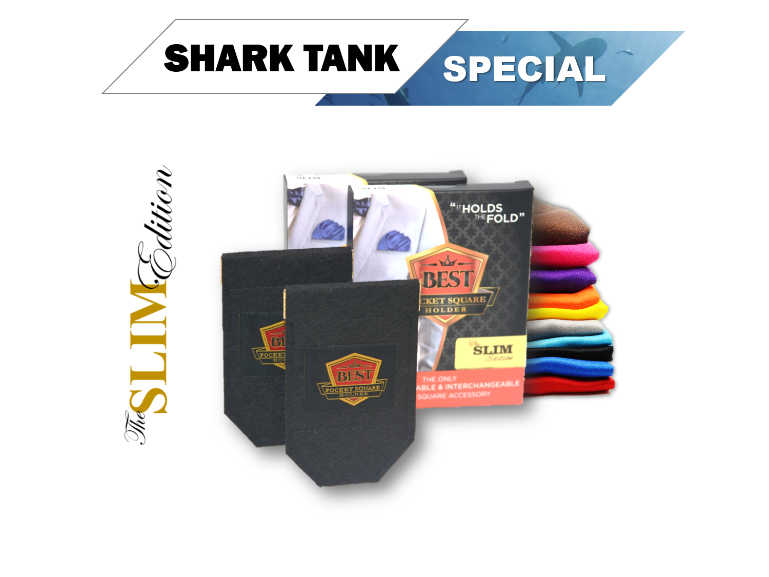 Shark Tank - SLIM (2) Slim Pocket Square Holders  + (2) Free Pocket Squares ​+ Free Shipping