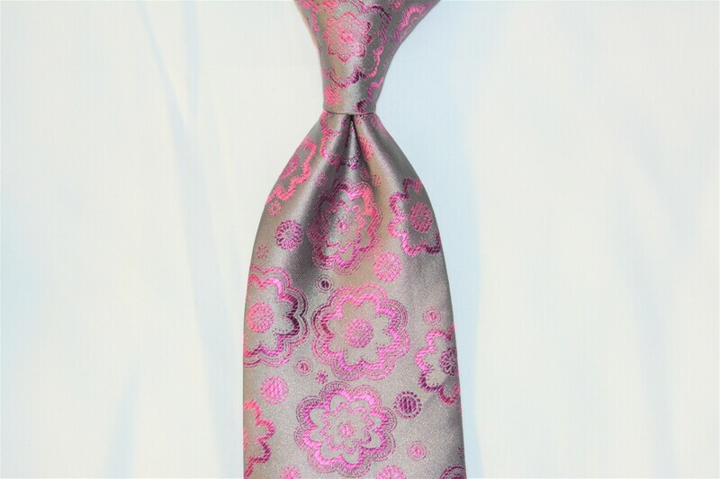 Necktie Set - Gray Fuchsia Flower