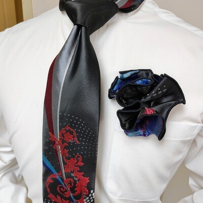 Necktie Set - Black Knot Red Flower