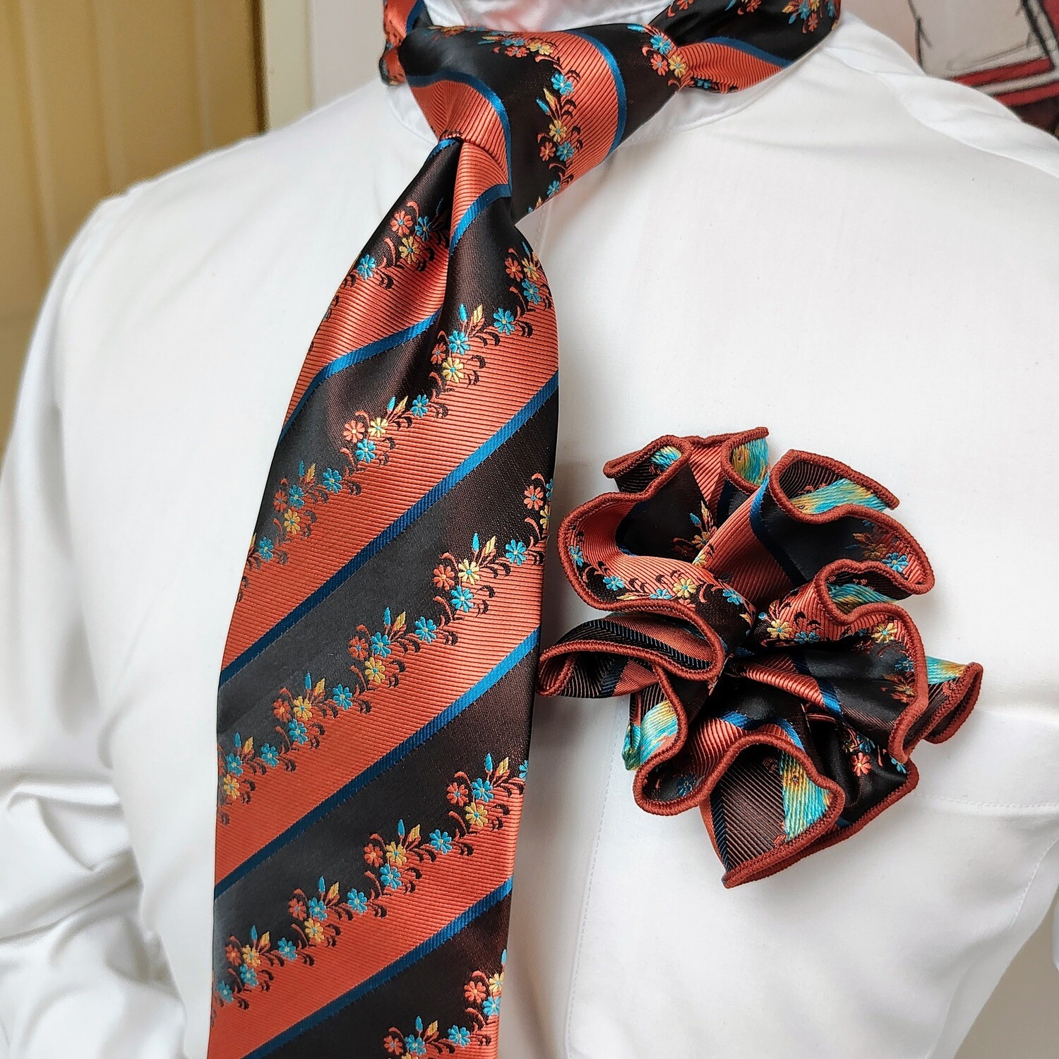Necktie Set - Brown Carmel Flower Stripe