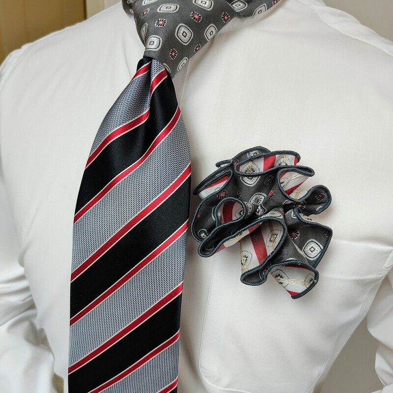 Necktie Set - Black Red Stripe Contrast Knot