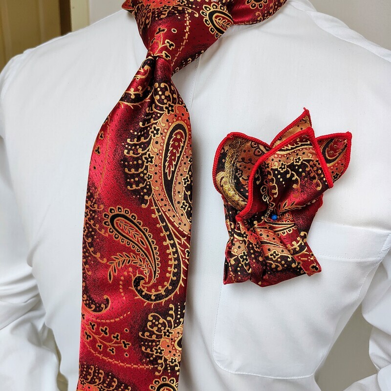 Necktie Set - Red Black Gold Pasiley