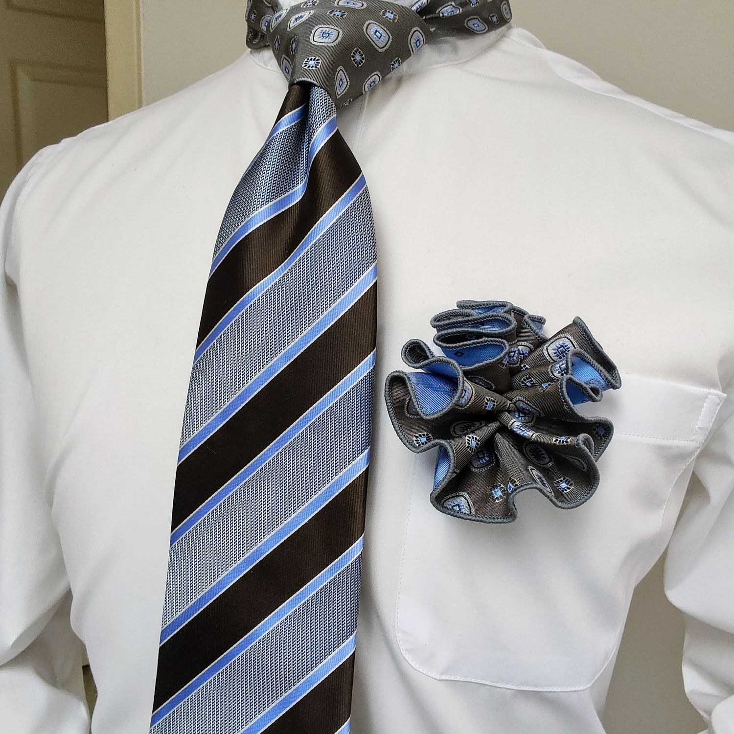 Necktie Set - Brown Blue Stripe Contrast Knot