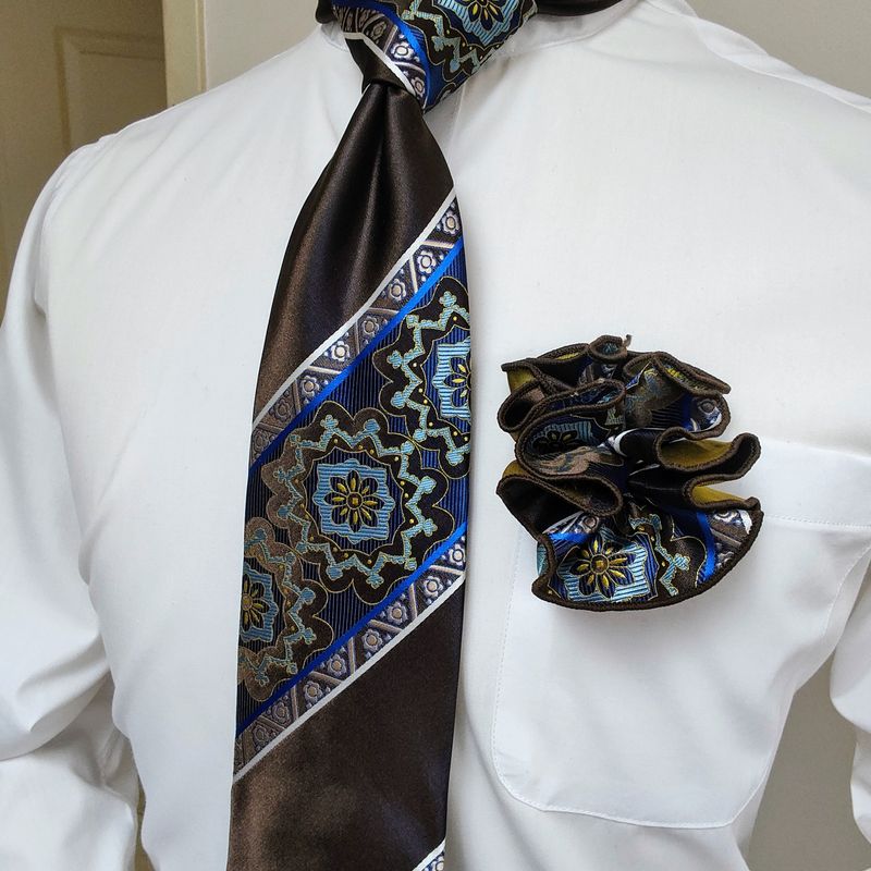 Necktie Set - Dark Brown Stripe Medallion