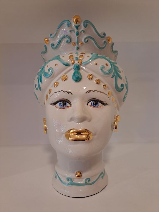 Porcellane Sbordone Testa di moro donna decoro bianco azzurro h.42 cm.