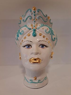 Porcellane Sbordone Testa di moro donna decoro bianco azzurro h.42 cm.