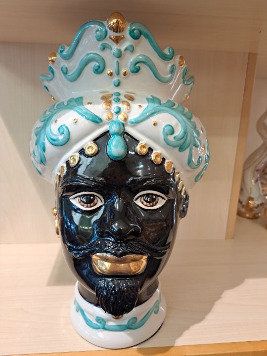 Porcellane Sbordone Testa di moro uomo decoro nero azzurro h.42 cm.