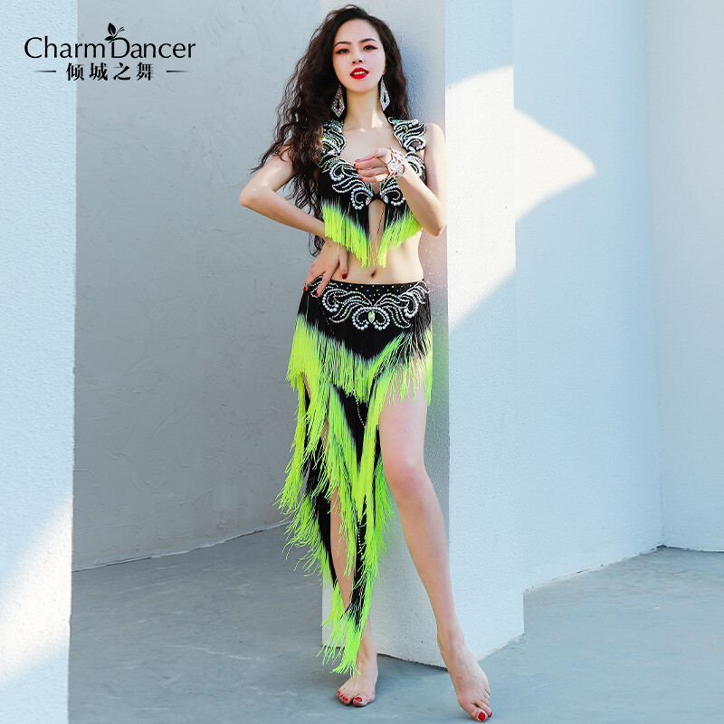 Lime Green and Black Fringe Belly Dance Costume
