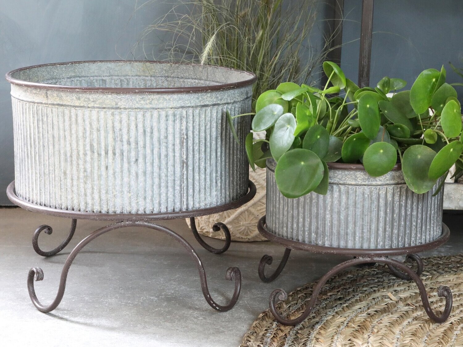 Set of Vintage Zinc Flower Basins on Feet