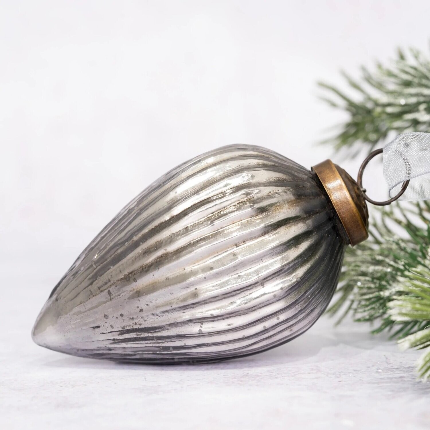 Smoked Silver Ribbed Glass Pinecone Bauble