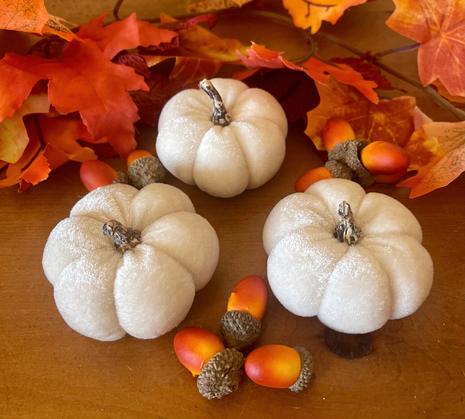 Trio of Velvet Pumpkins, Colour: Ivory
