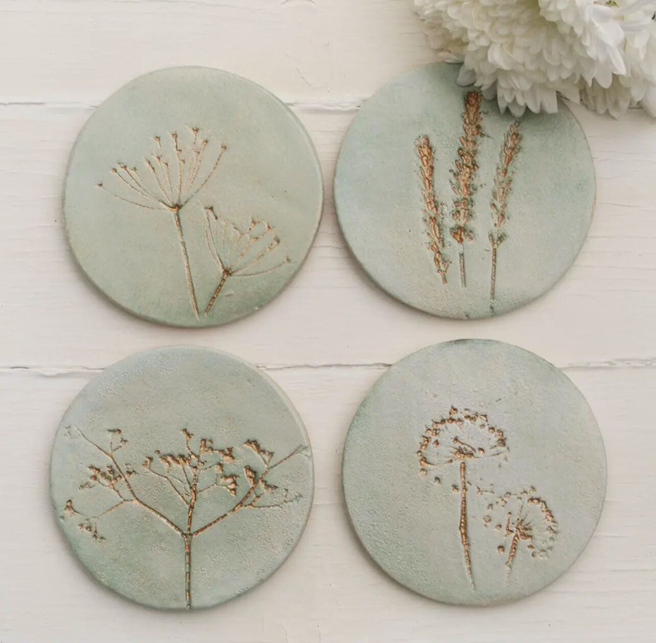 Ceramic Green & Gold Coasters - Set of 4