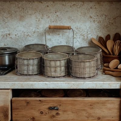 Six zinc utensil pots in a wire mesh holder with a wooden handle in rustic cottage-style farmhouse kitchen.