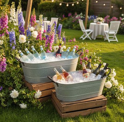 Two galvanized oval metal tubs with handles used as rustic ice buckets at a cottage garden outdoor party. Pretty Flowers