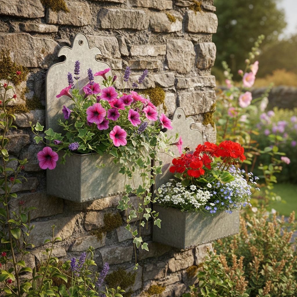 Aged Zinc Wall Planters Two metal wall planters with vibrant cottage flowers on a rustic stone wall, with a cottage style garden in the background.