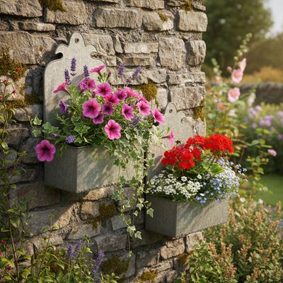 Two metal wall planters with vibrant cottage flowers on a rustic stone wall, with a cottage style garden in the background.