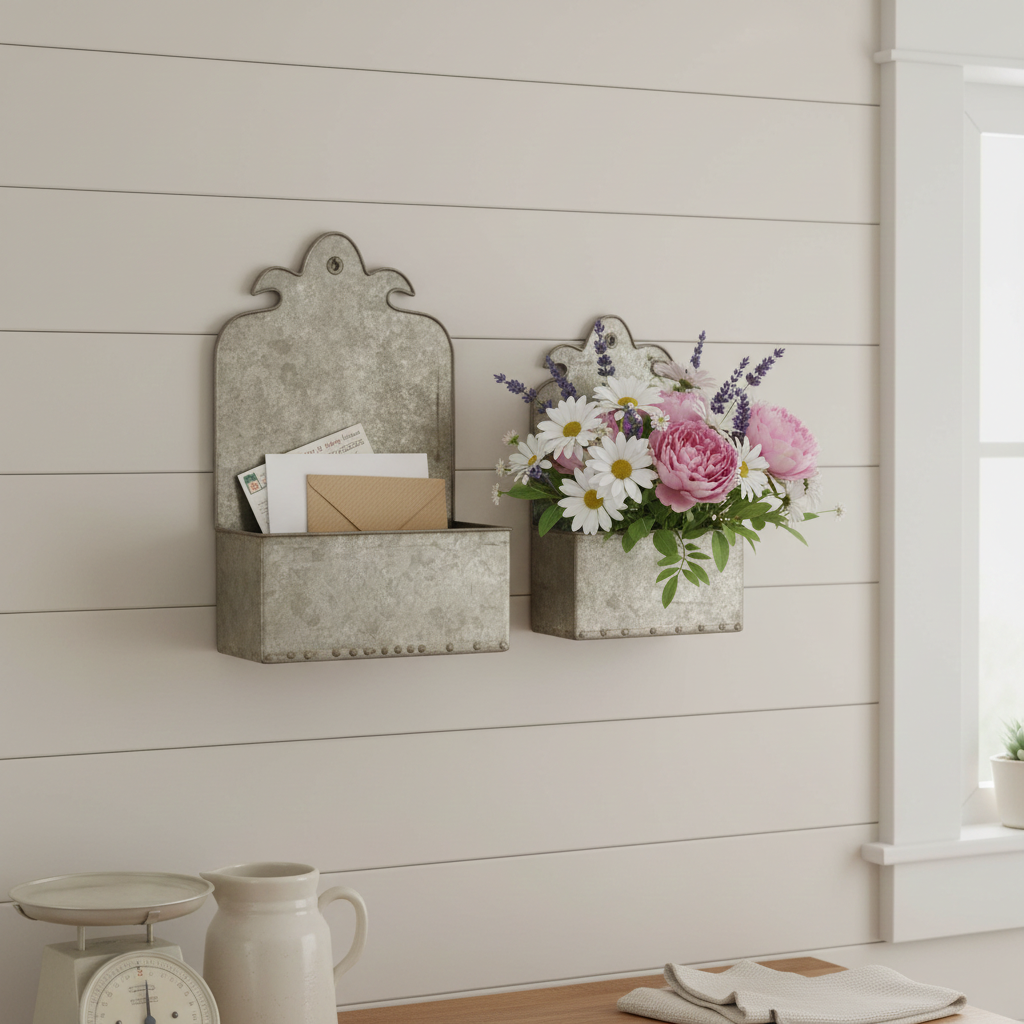 Two metal wall planters with vibrant cottage flowers on a rustic stone wall, with a cottage style garden in the background.