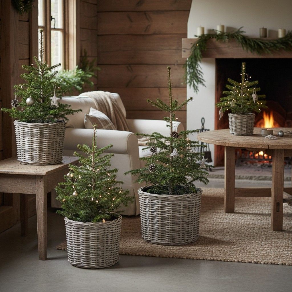 Three rattan planters in light brown wicker, styled with mini Christmas Trees in a cosy cottage next to a log burner