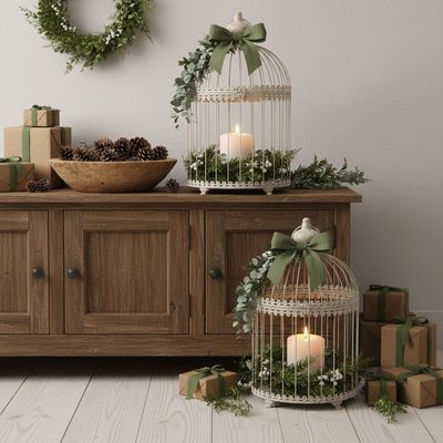 Alabaster birdcage lanterns with lit candles, green ribbon, and foliage—rustic holiday décor with vintage charm.