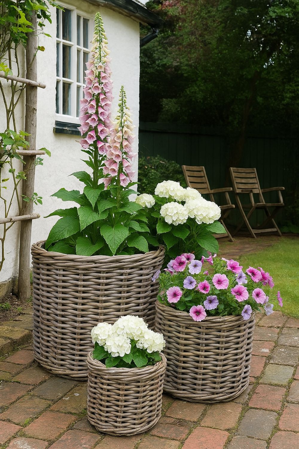 Trio Of Rattan Planters Three rattan planters in various sizes styled with hollyhocks and petunias on a stone patio outside a cute white cottage