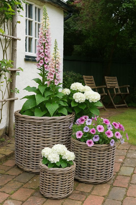 Three rattan planters in various sizes styled with hollyhocks and petunias on a stone patio outside a cute white cottage