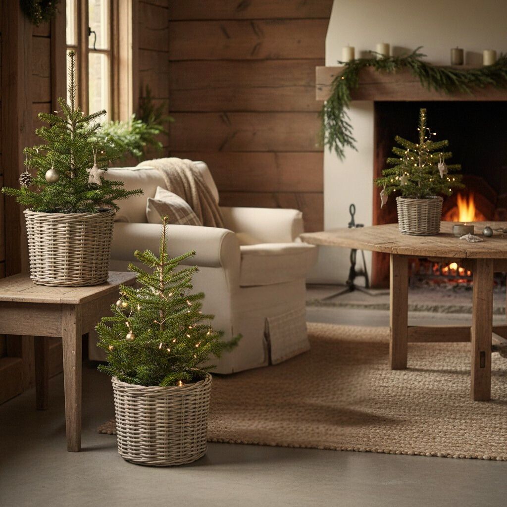 Trio Of Rattan Planters Miniature Christmas trees in various sized rattan planters nestled in a cosy warm cottage living room