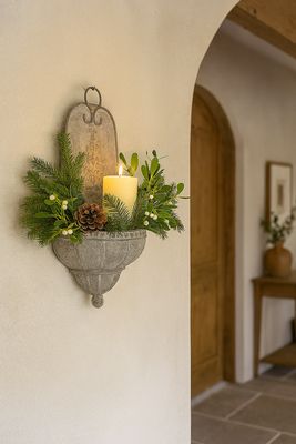 French Ornate Wall Planter Ornate French Chateau style wall plater with seasonal foliage and candle for a warm welcoming glow