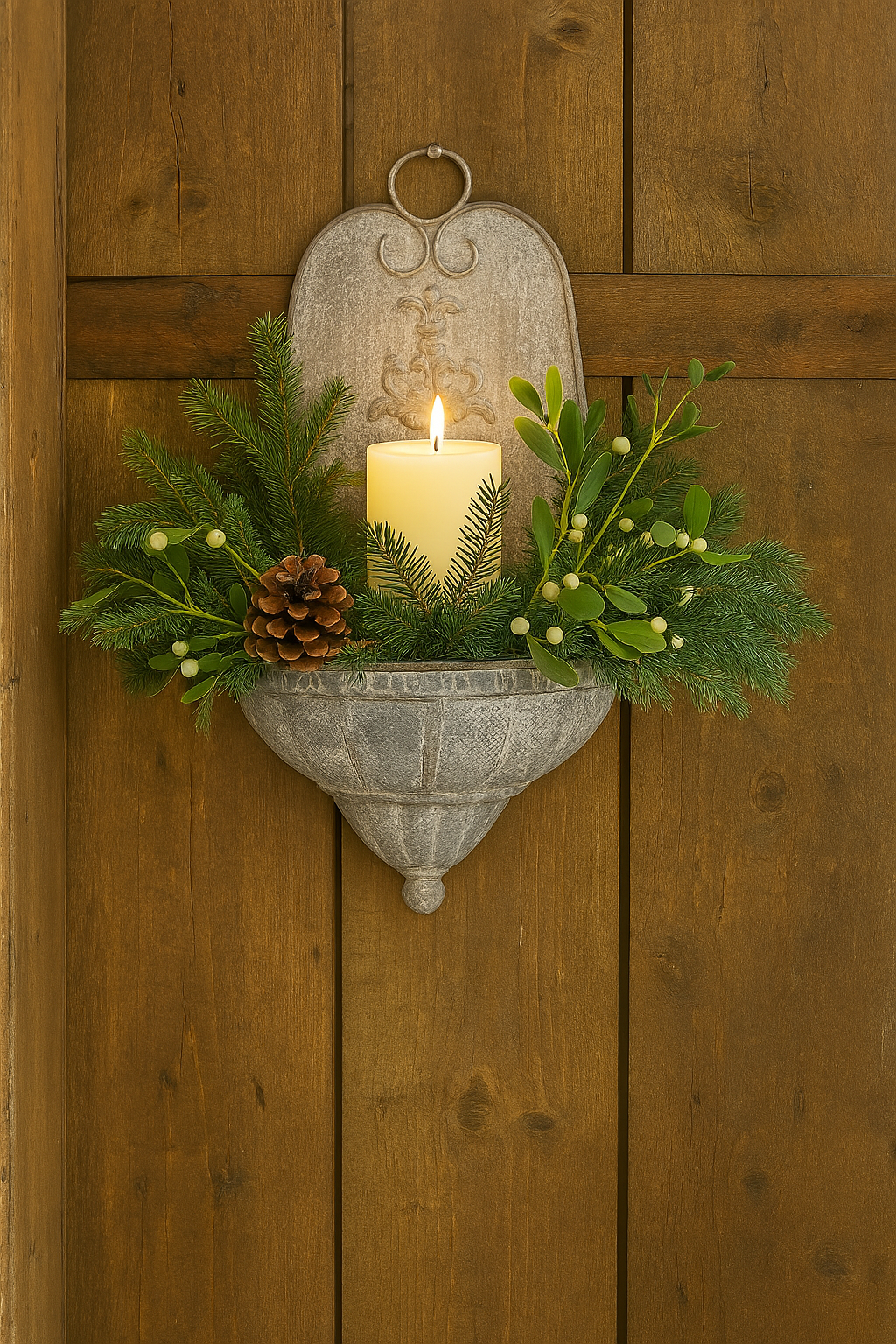 Ornate French Chateau style wall plater with seasonal foliage and candle for a warm welcoming glow