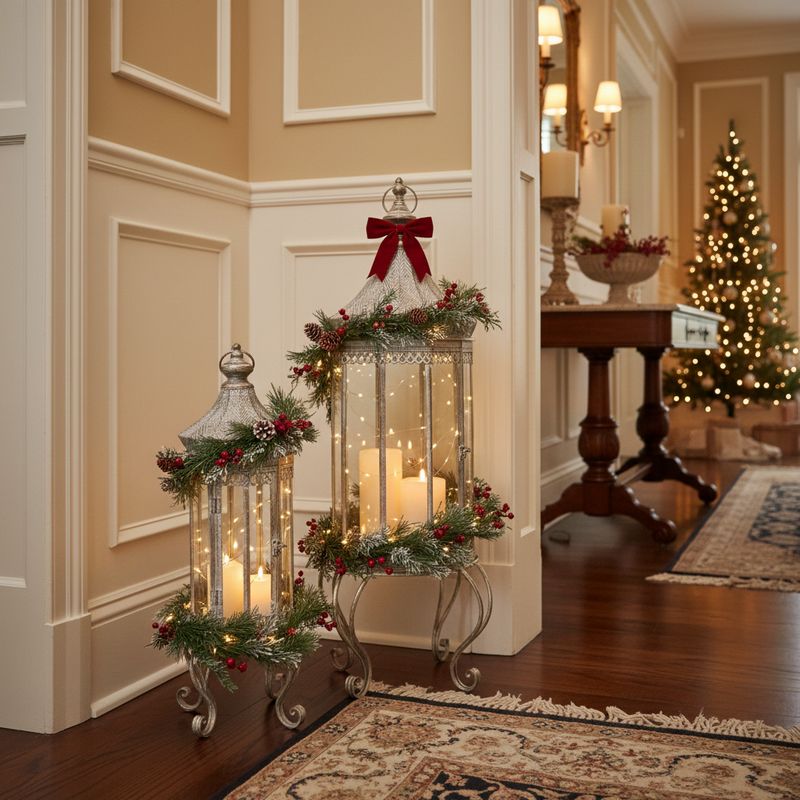 Stunning Victorian hallway with Champagne Vire Lanterns with glittering warm candles and decorated with Christmas garlands