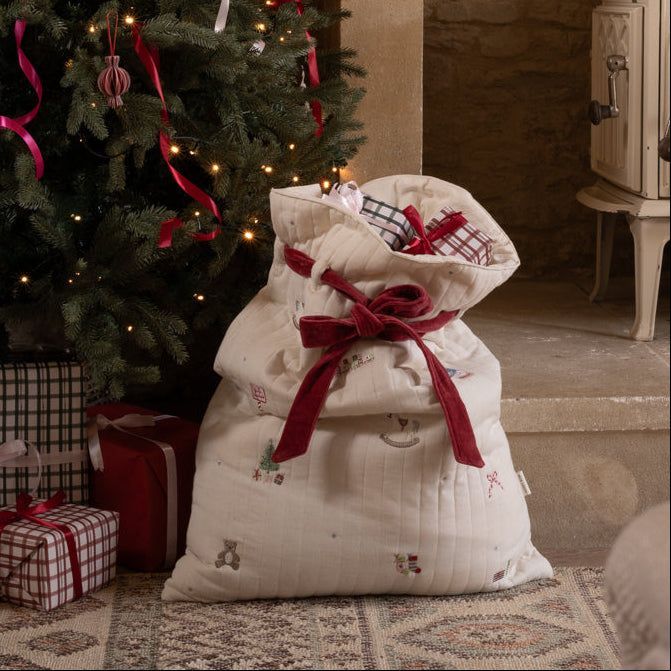 Christmas Present Sack - Christmas Morning design with embroidered holiday motifs and a little message in the reverse