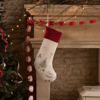 Christmas Stocking - Christmas Morning Christmas Morning Stocking hung on the mantle waiting for Santa. Embroidered with gorgeous Christmas scenes & plush red trim