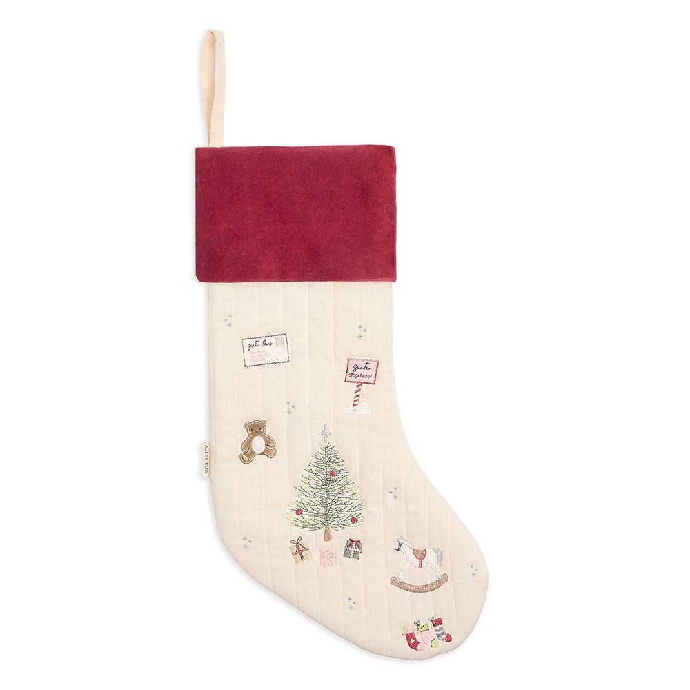 Christmas Morning Stocking hung on the mantle waiting for Santa. Embroidered with gorgeous Christmas scenes & plush red trim