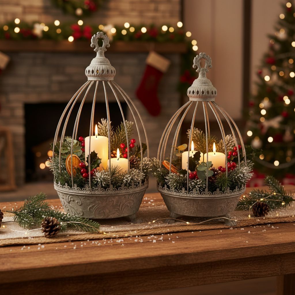 Vintage Caged Planter Cloches Set of 2 rustic brown cloches with bases and ornate feet decorated with candles and Christmas foliage