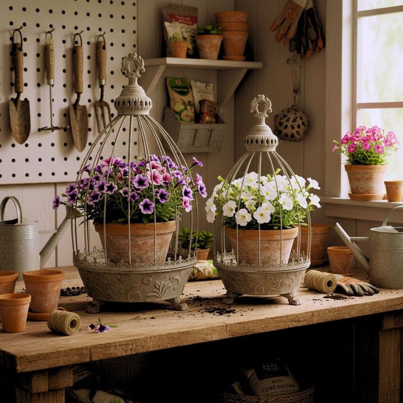 Rustic ornate caged cloches in two sizes with removable bases and ornate feet styled with terracotta pots and petunias 