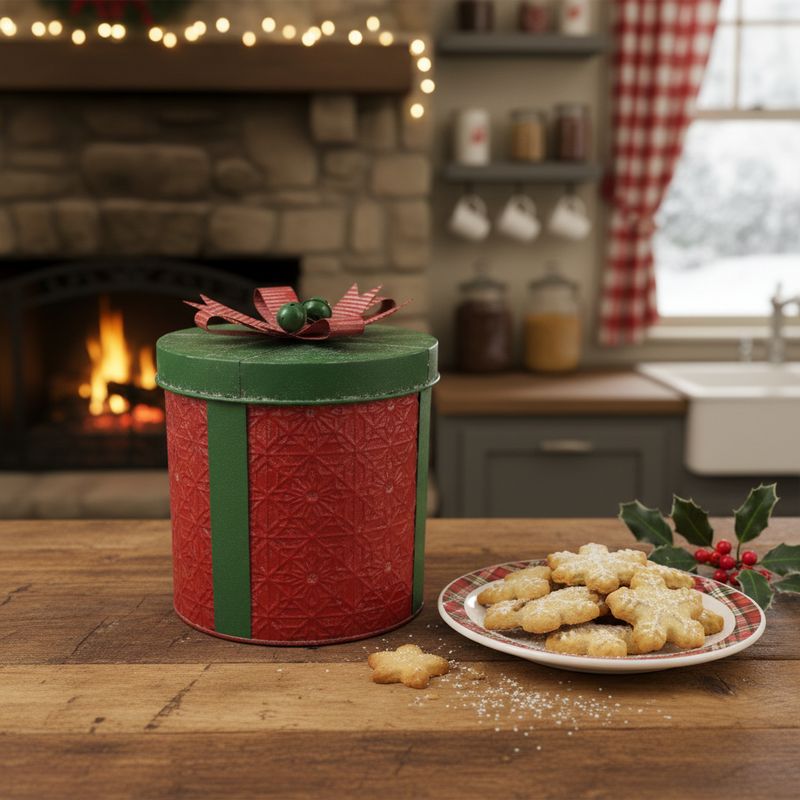 Christmas Present Storage Tin in festive red and green metal featuring bell and bow lid. Perfect for those festive cookies.