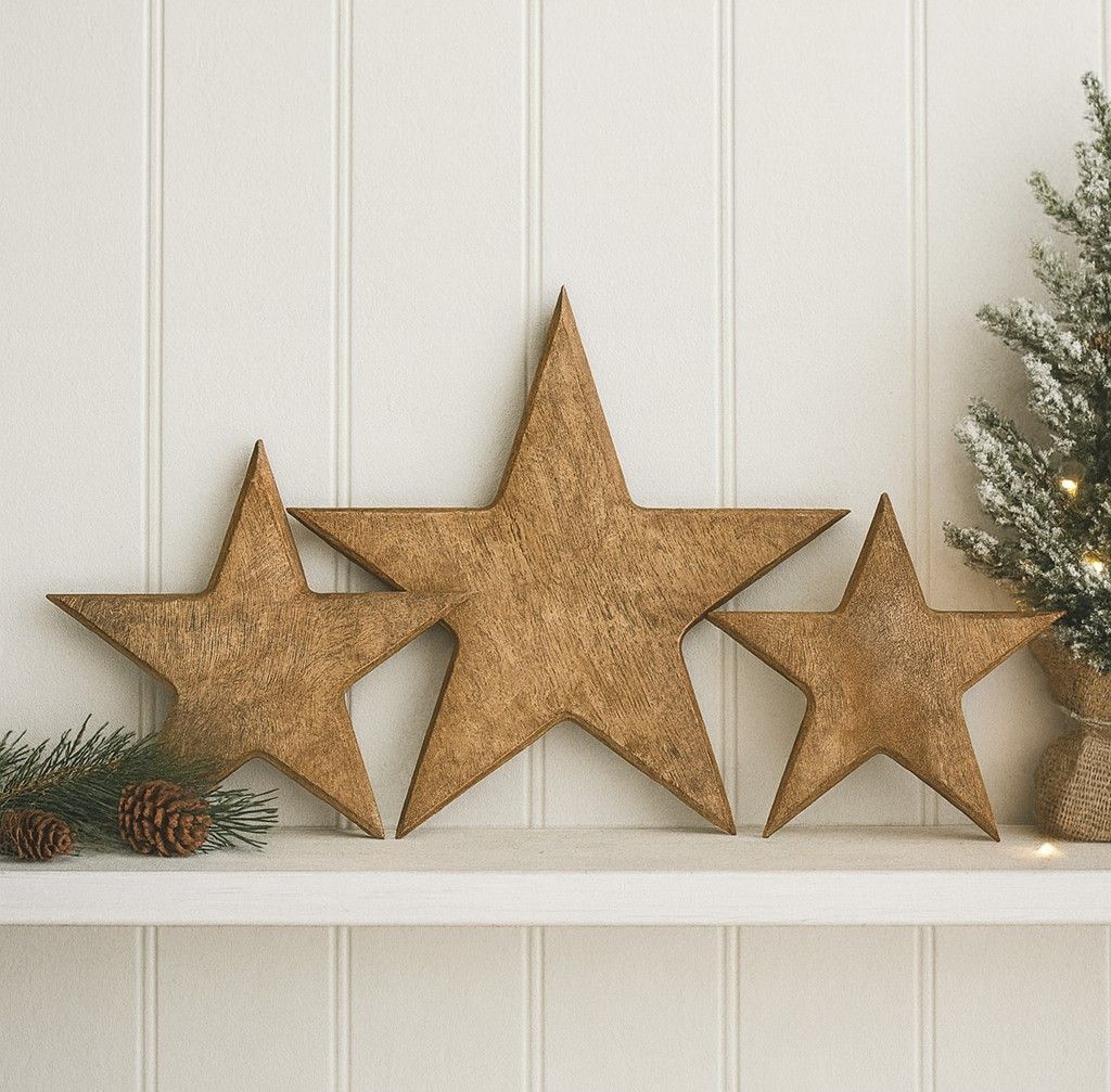 Three rustic wooden stars can be hung using the jute string or style freestanding on a shelf or mantle