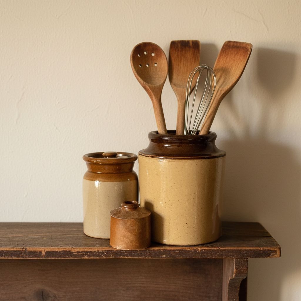 Stoneware Dark Brown Pot Dark brown stoneware vintage pot perfect for utensils and flowers in a farmhouse style kitchen or dining room