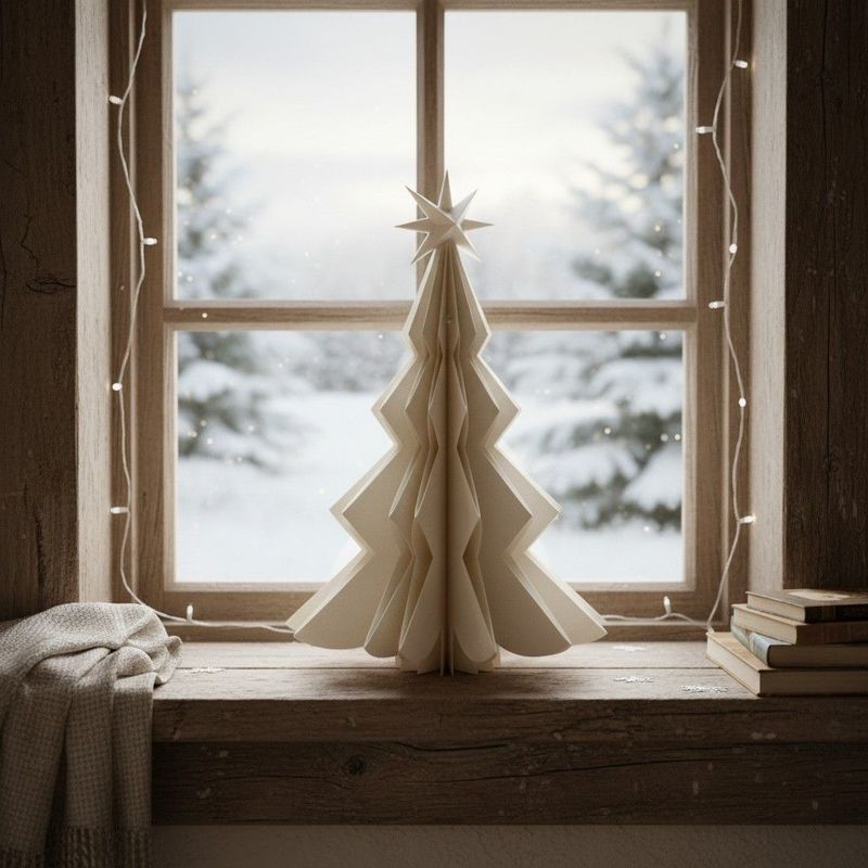 Handcrafted white paper Christmas tree with star. Stunning window dressing or in a cosy corner.