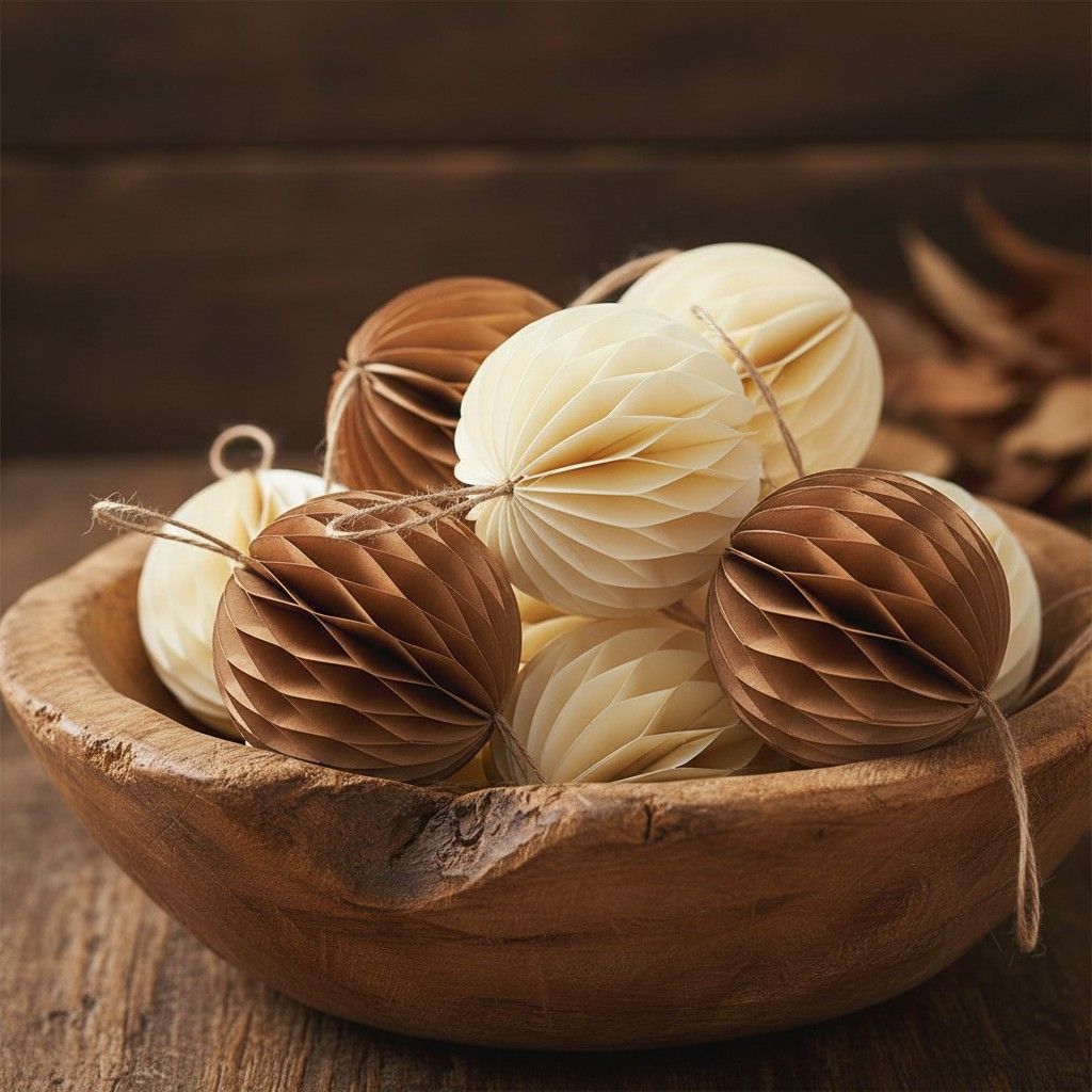 Gold/Cream Paper Baubles - Set of 6 Paper Honeycomb Gold and Cream Baubles in a rustic wooden bowl or on the tree - you decide